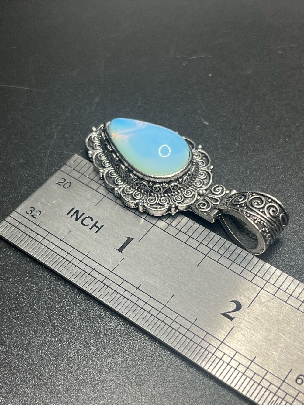 Vintage Silver Tone Opalite Glass Teardrop Filigree Pendant Boho Pendant - Picture 3 of 4
